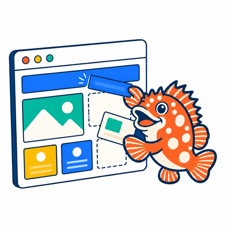 かさごウェブのカサゴが、ホームページの画面パーツをヒレで組み立てているイラスト