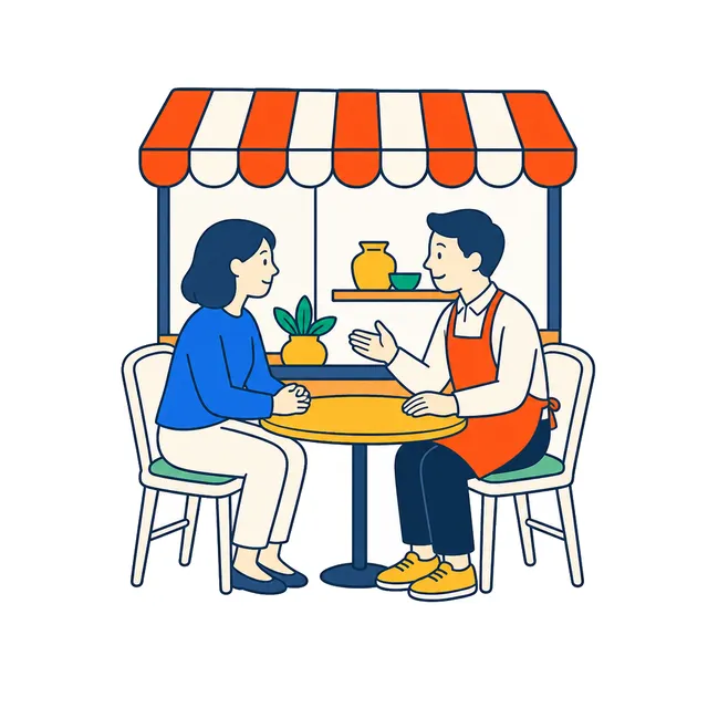 お店で向かい合って相談しているイラスト