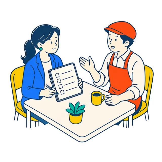 書き出した内容を見せながらヒアリングしているイラスト