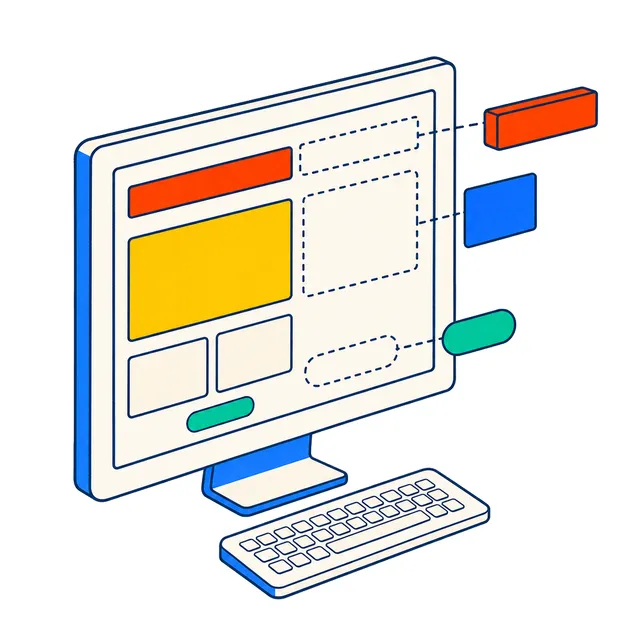 画面上でホームページを組み立てているイラスト